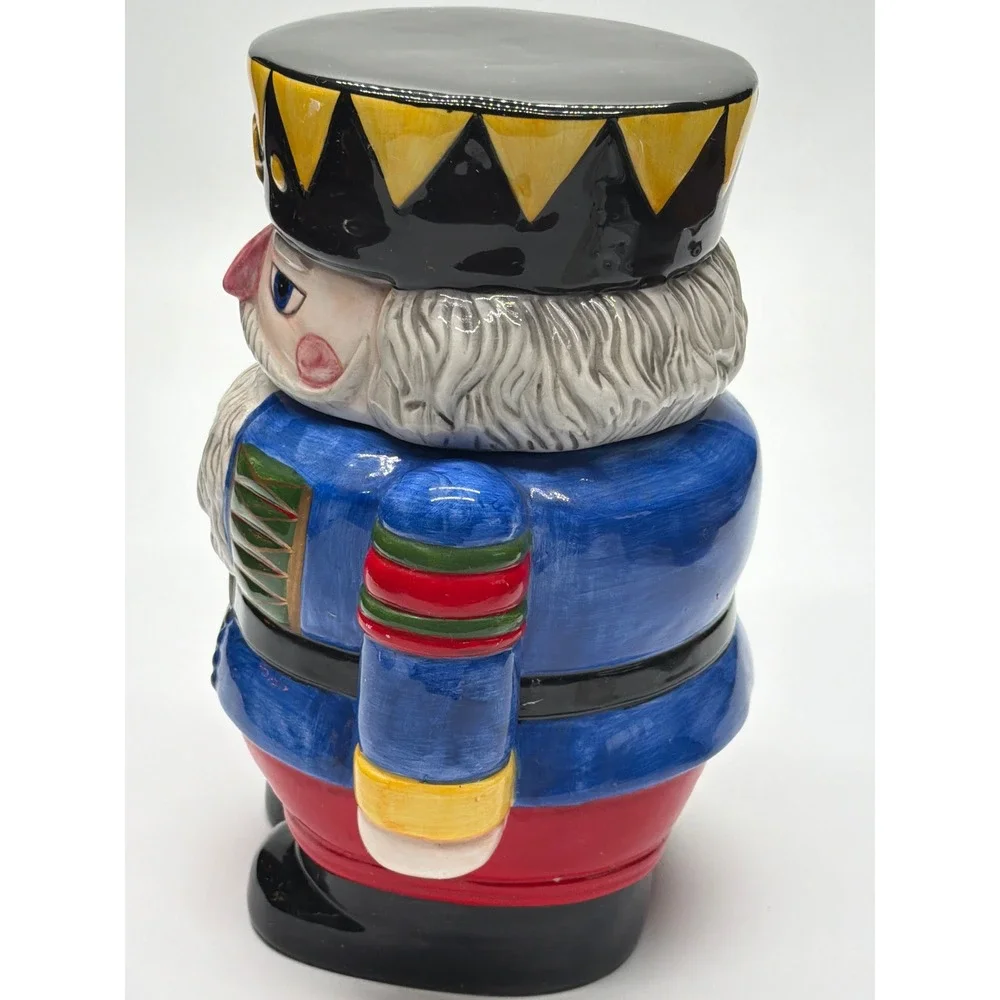 Block Ceramic Nutcracker Cookie Jar Christmas Holiday‎ Soldier Blue Red 11 Inch